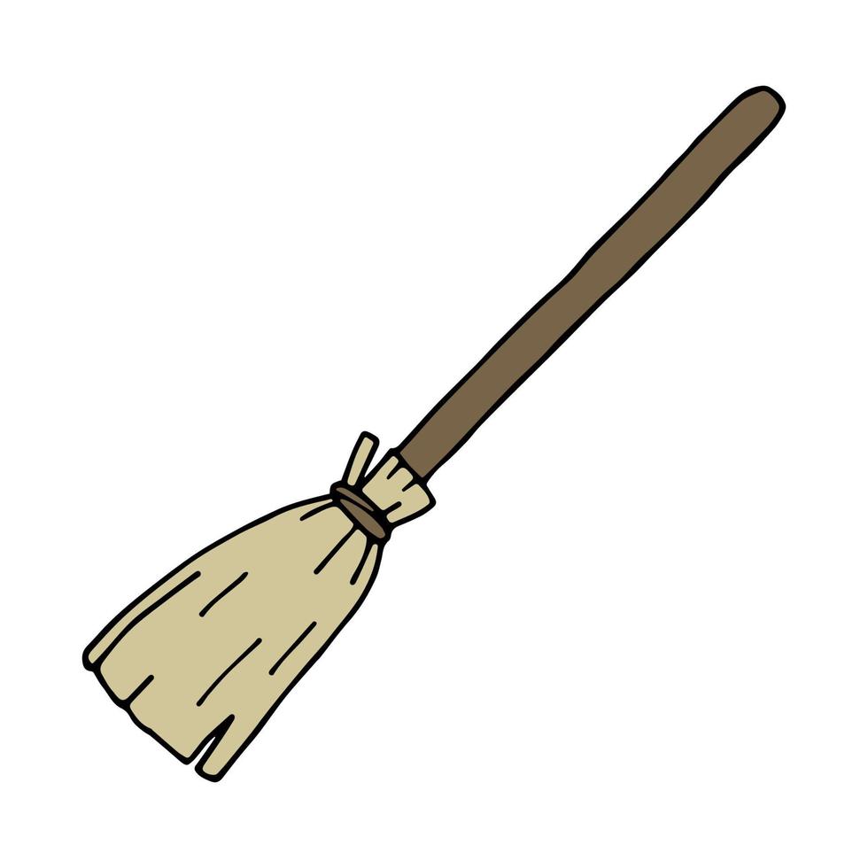 Hand drawn witch broomstick for halloween. Besom in doodle style isolated on white background. Vector illustration