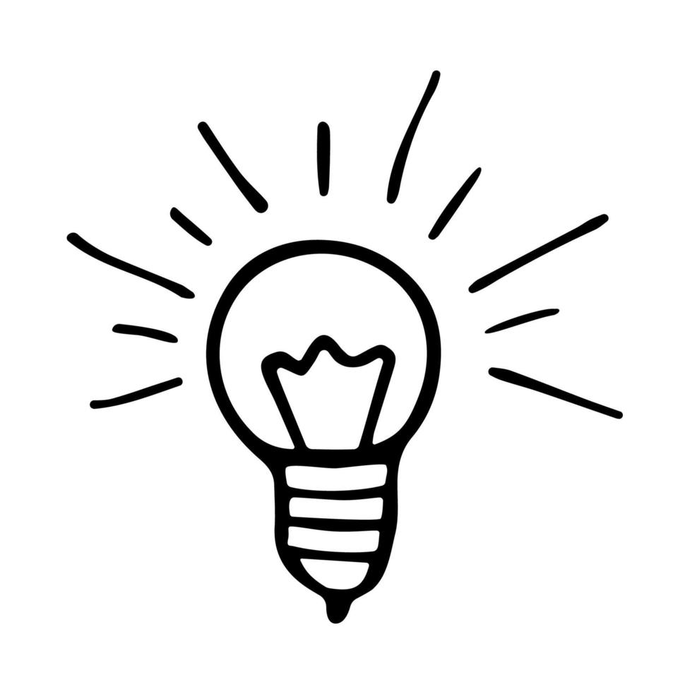 Light bulb icon with rays shine. Idea or electricity symbol. Hand drawn vector doodle illustration isolated on white background. Design for prints, badges and posters.