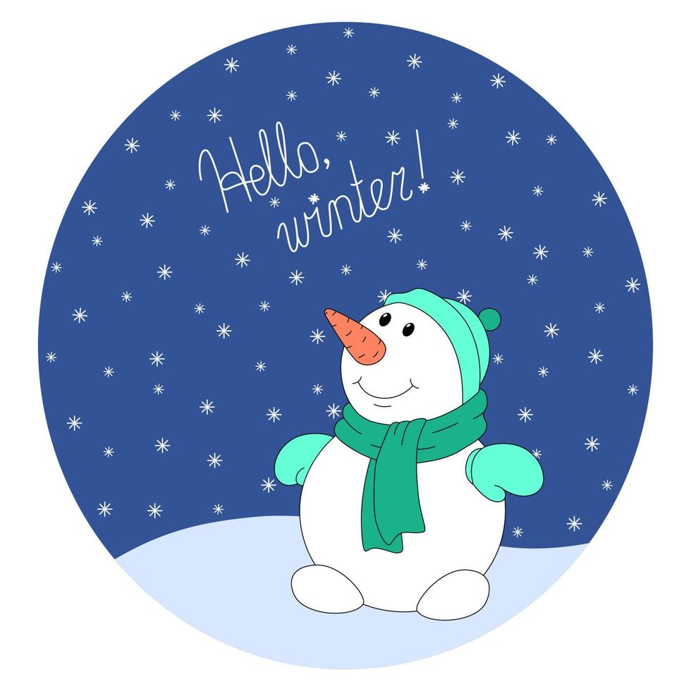 lindo muñeco de nieve sonriente en estilo de dibujos animados. ilustración vectorial con letras para navidad o año nuevo vector