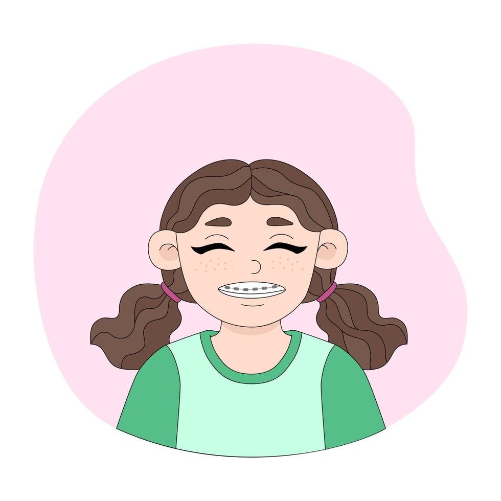 Cheerful brown-haired girl with braces. Vector illustration of a smiling kid. Cartoon-style picture on pink background