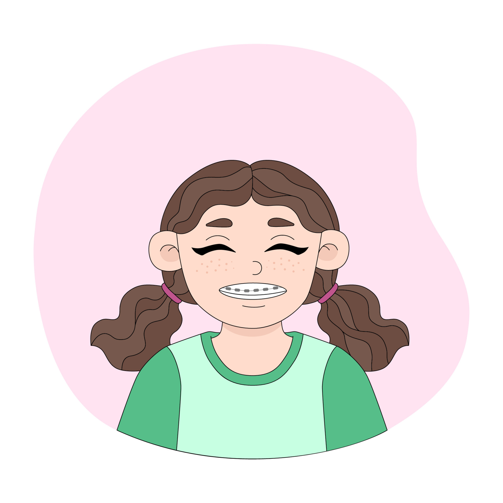 Cheerful brown-haired girl with braces. Vector illustration of a smiling  kid. Cartoon-style picture on pink background 5656732 Vector Art at Vecteezy