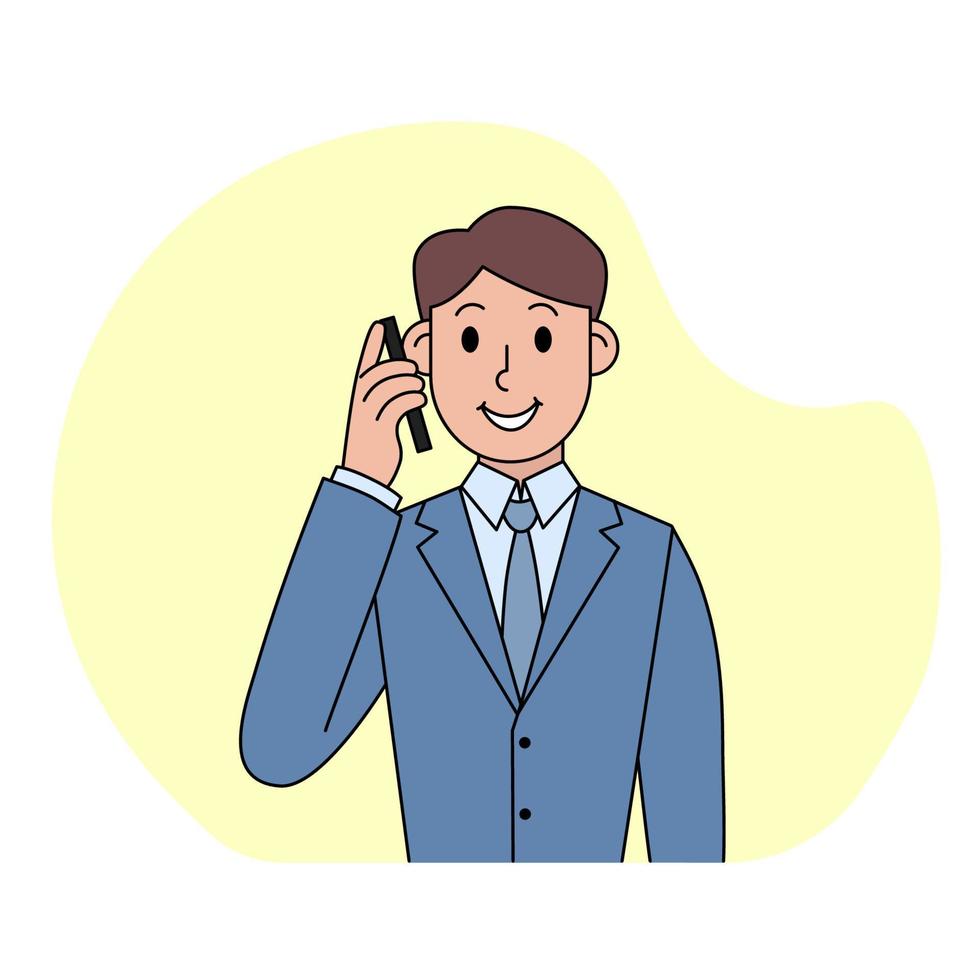 un joven sonriente está hablando por teléfono. ilustración vectorial en estilo de dibujos animados sobre fondo beige vector