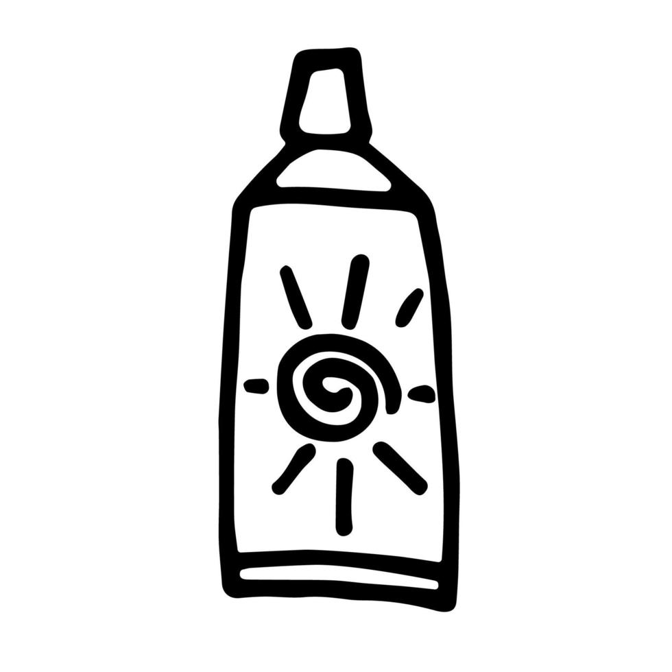 Sunscreen cream in doodle style. Hand drawn vector illustration isolated on white background. Sunblock sign for the themes of travel, vacation, tourism