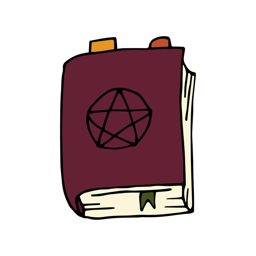 Hand drawn colorful spell book isolated on white background. Red magic book with bookmarks in doodle style. Vector illustration