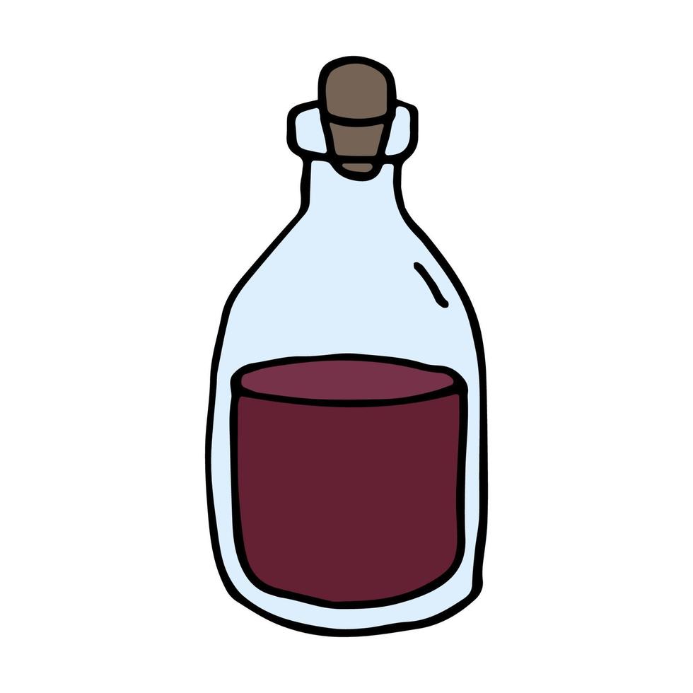 Hand drawn icon of wine, poison or miraculous drink. Doodle sticker alchemical potion in flask. Color vector illustration