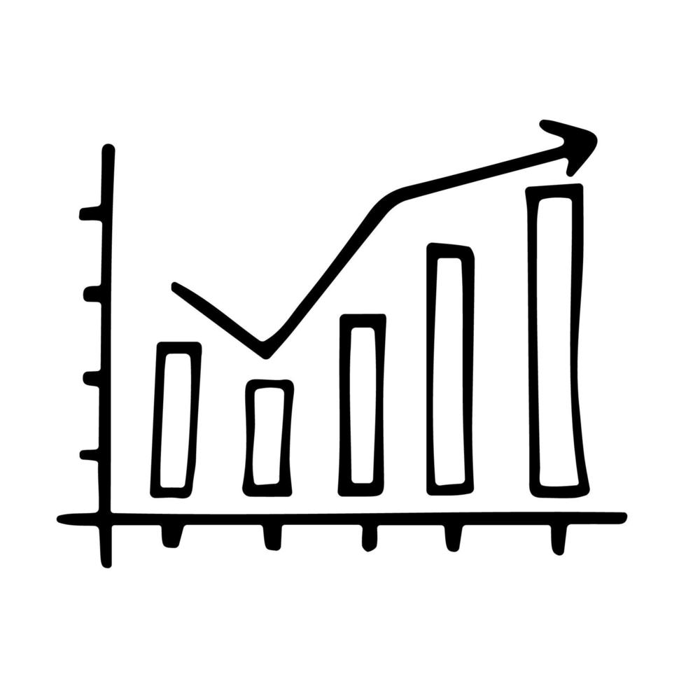 ilustración de vector de gráfico de crecimiento en estilo de fideos. símbolo dibujado a mano de resultados de ventas, infografía, informe. icono negro aislado sobre fondo blanco.