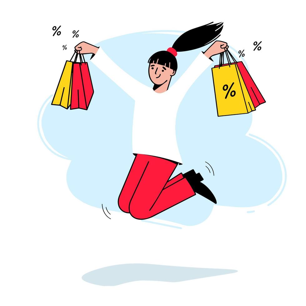 Day of big discounts. Happy girl with shopping in her hands vector