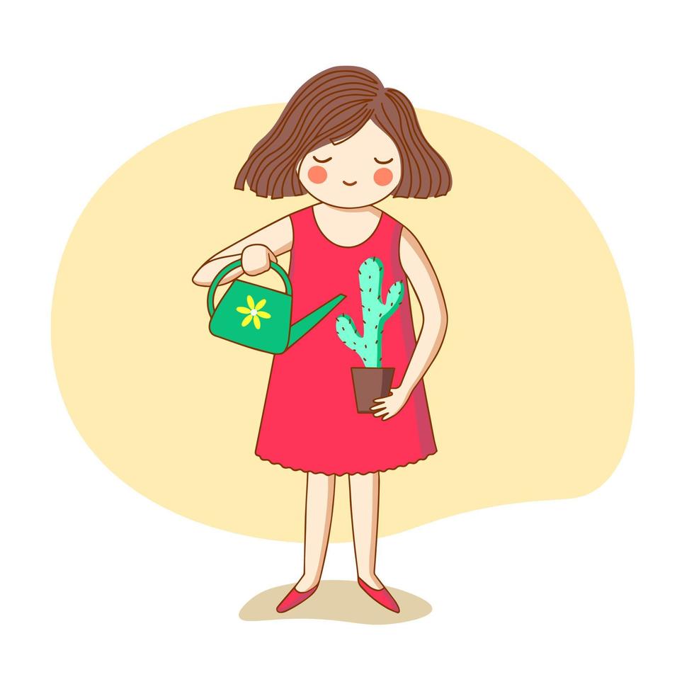 Girl watering from a watering can cactus vector