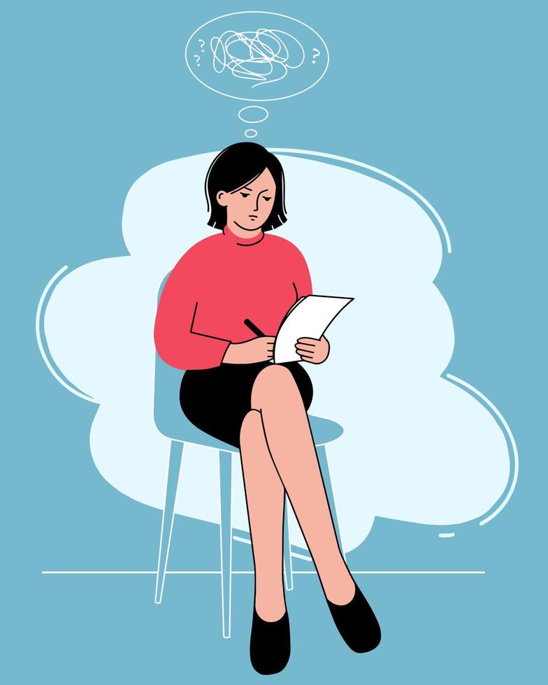 Woman is sitting with a notebook in her hands. Cloud of confused thoughts. Concept of mental health vector