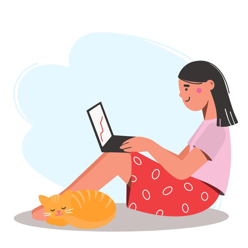 Girl is sitting on the floor with a laptop on her lap. Red cat is lying nearby. Work from home vector