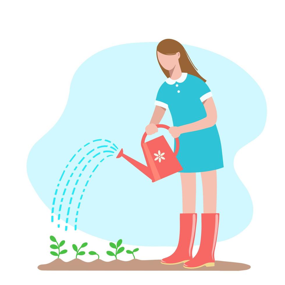 Young woman in her garden waters plants from a watering can vector