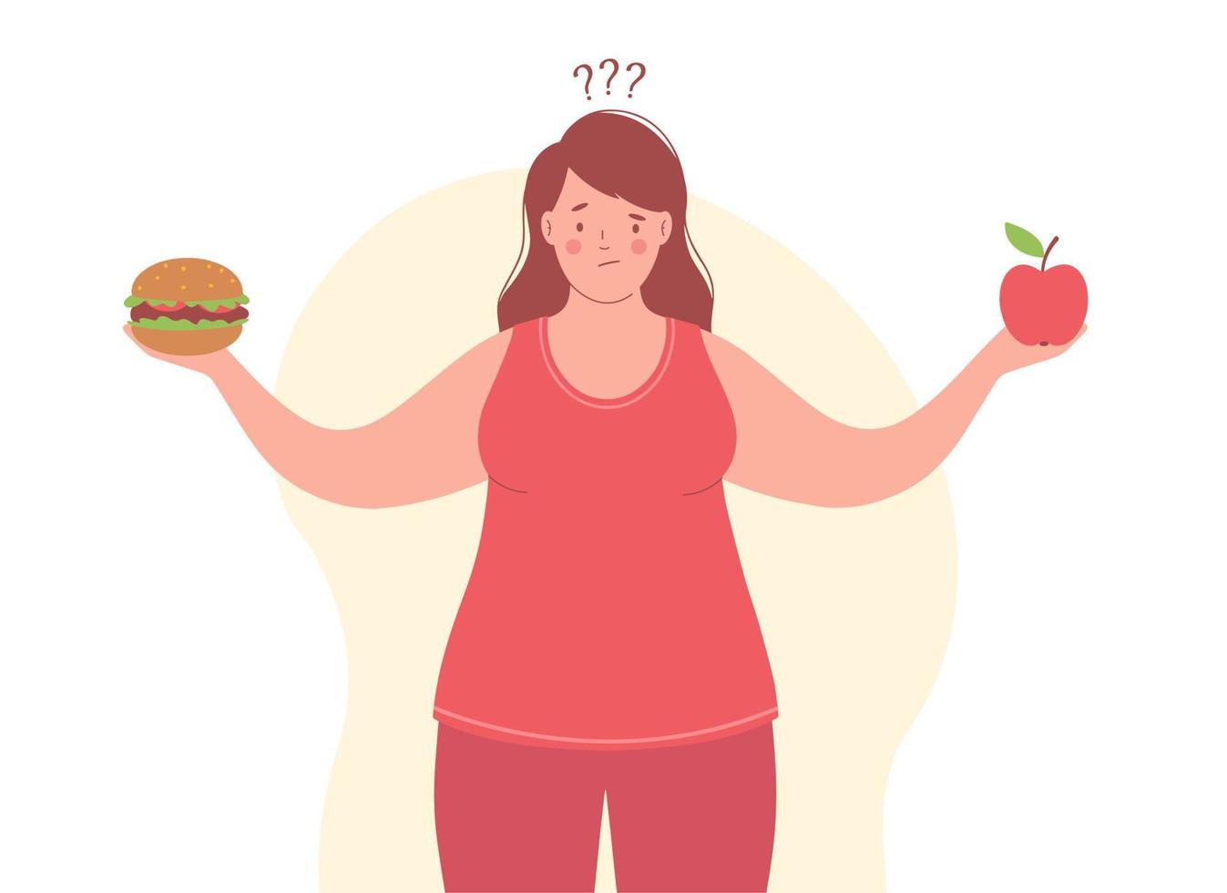 Overweight woman makes choice between healthy and unhealthy food. Woman holds an apple one hand and burger in another. vector