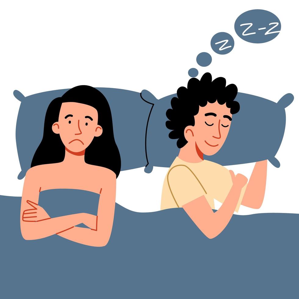 A couple of men and women lying in bed. The concept of a sexual or intimate problem between romantic partners. vector