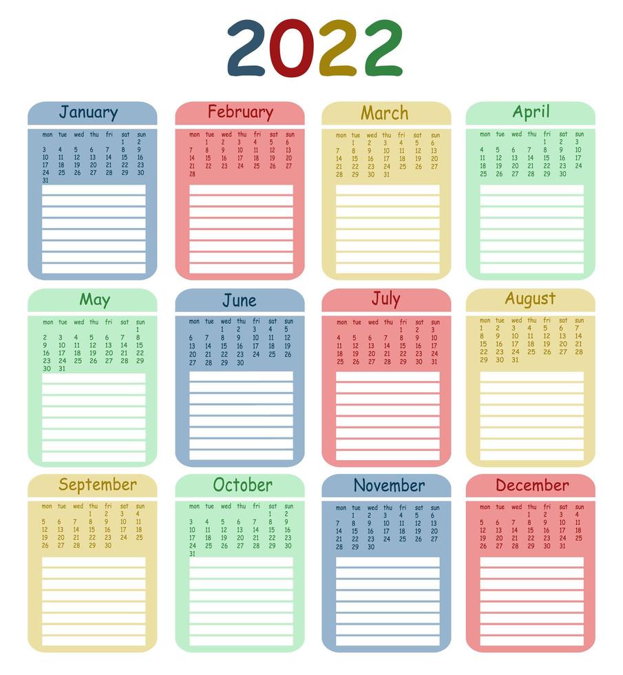 Vertical vector calendar design template for 2022, simple and clean design.