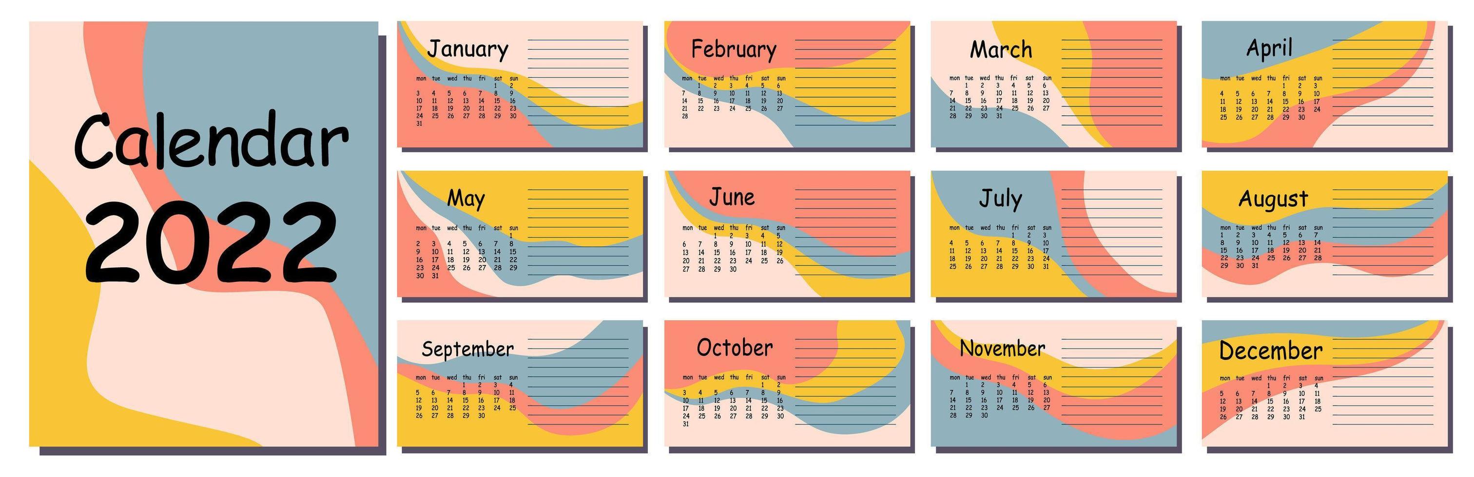 plantilla de diseño de calendario vectorial horizontal para 2022, diseño abstracto. vector