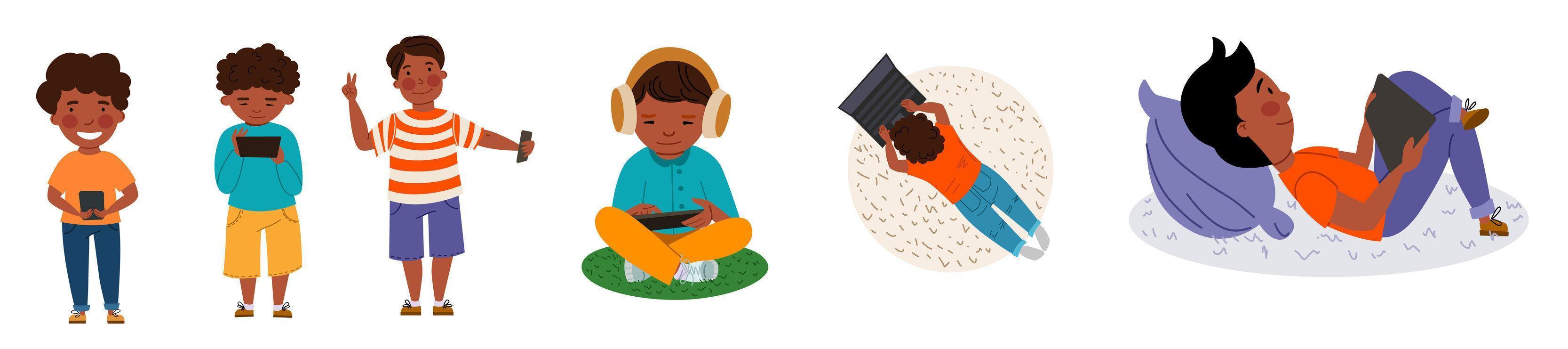 A set of children with gadgets. Dark-skinned boys with phones, tablets, laptops. Wireless technology. vector