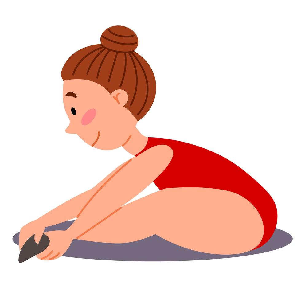 Childrenes sports gymnastics. The girl is sitting in a bend position. The child pulls socks. vector