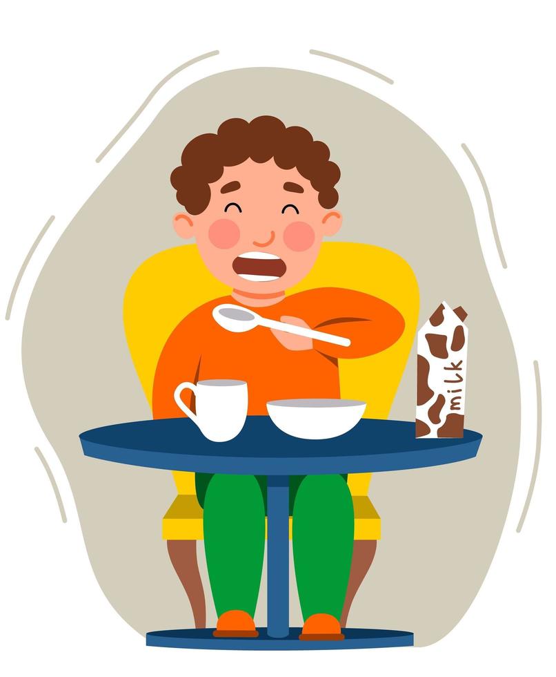 the boy has breakfast or lunch. The time of eating. The child eats porridge and drinks tea. vector