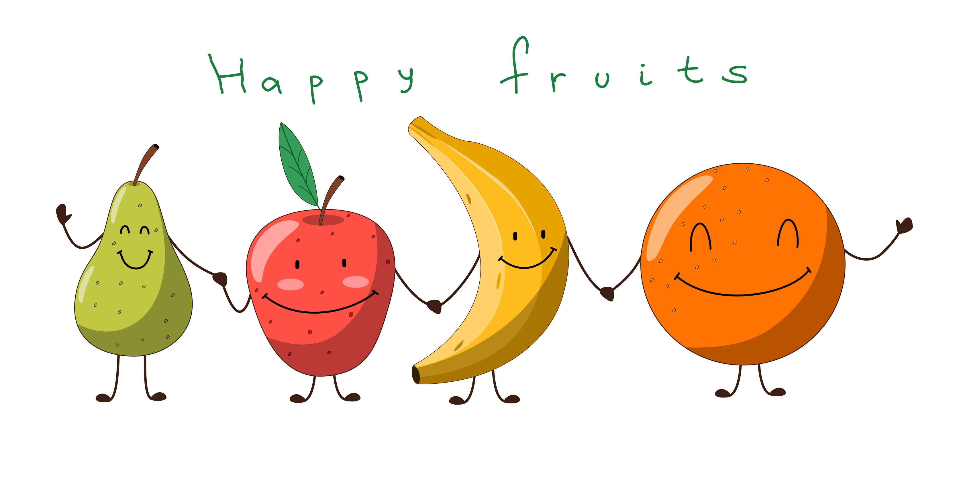 Cute greeting card with a funny cartoon character fruit. Apple, pear,  banana and orange hold hands and smile. 5656945 Vector Art at Vecteezy