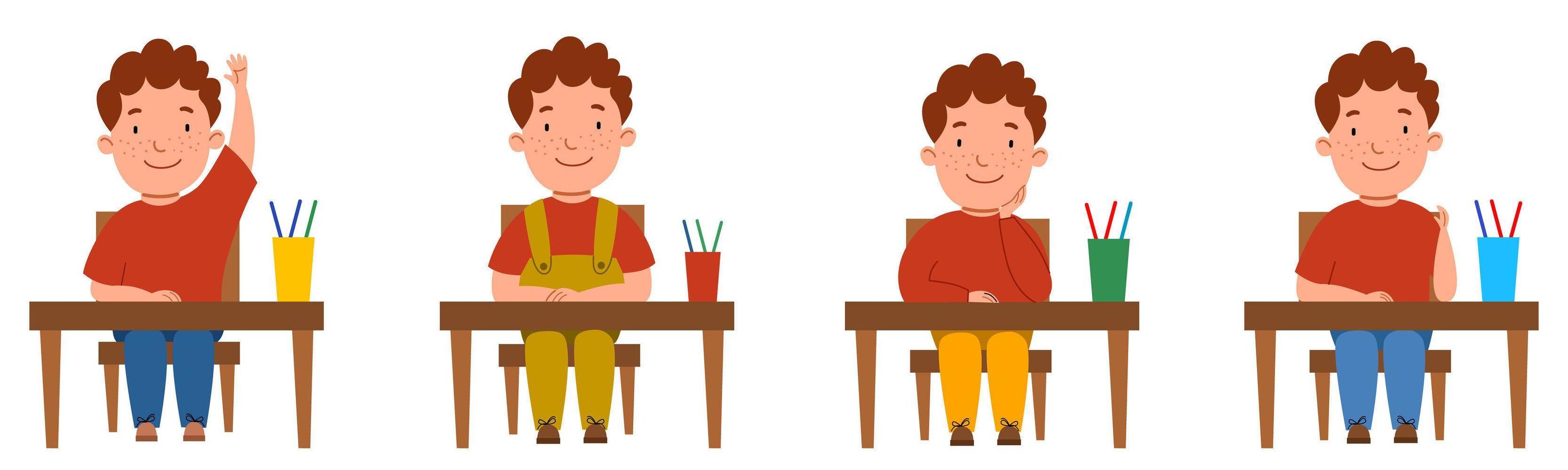 A set of illustrations with a student sitting at a classroom desk. The curly-haired, freckled boy at the table raised her hand. vector