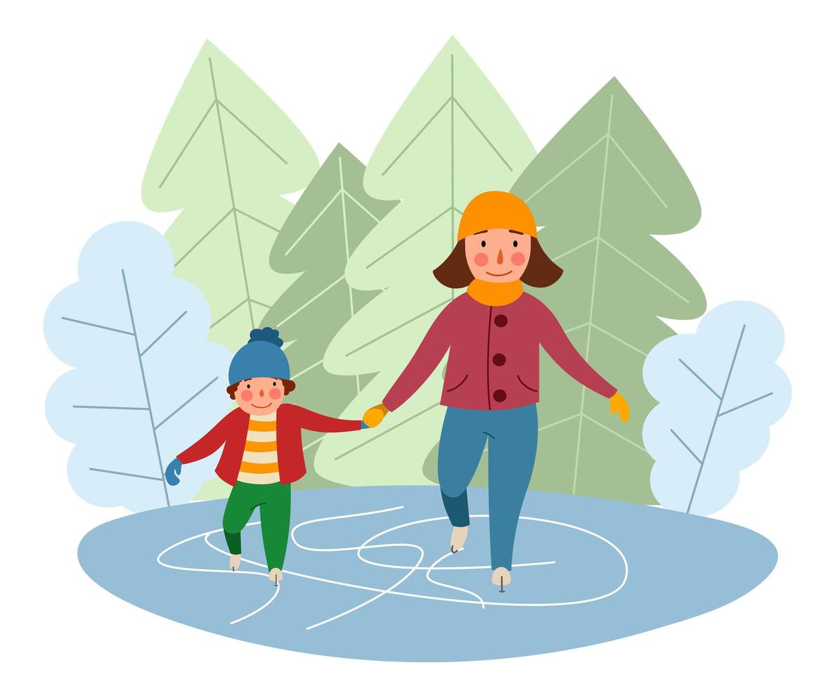 Mom and son are skating on the ice against the background of the forest. Winter sports. vector