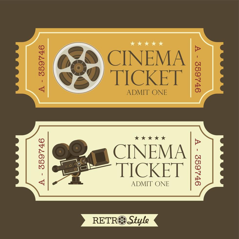 diseñar boletos de cine antiguos. cine retro. cámara de cine vintage y carrete de película, logotipos vectoriales. vector