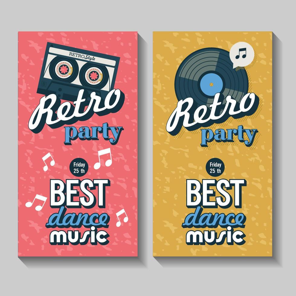 Vector set of flyers, posters. Retro party. The best dance music. Vintage emblem with a tape cassette and vinyl record.