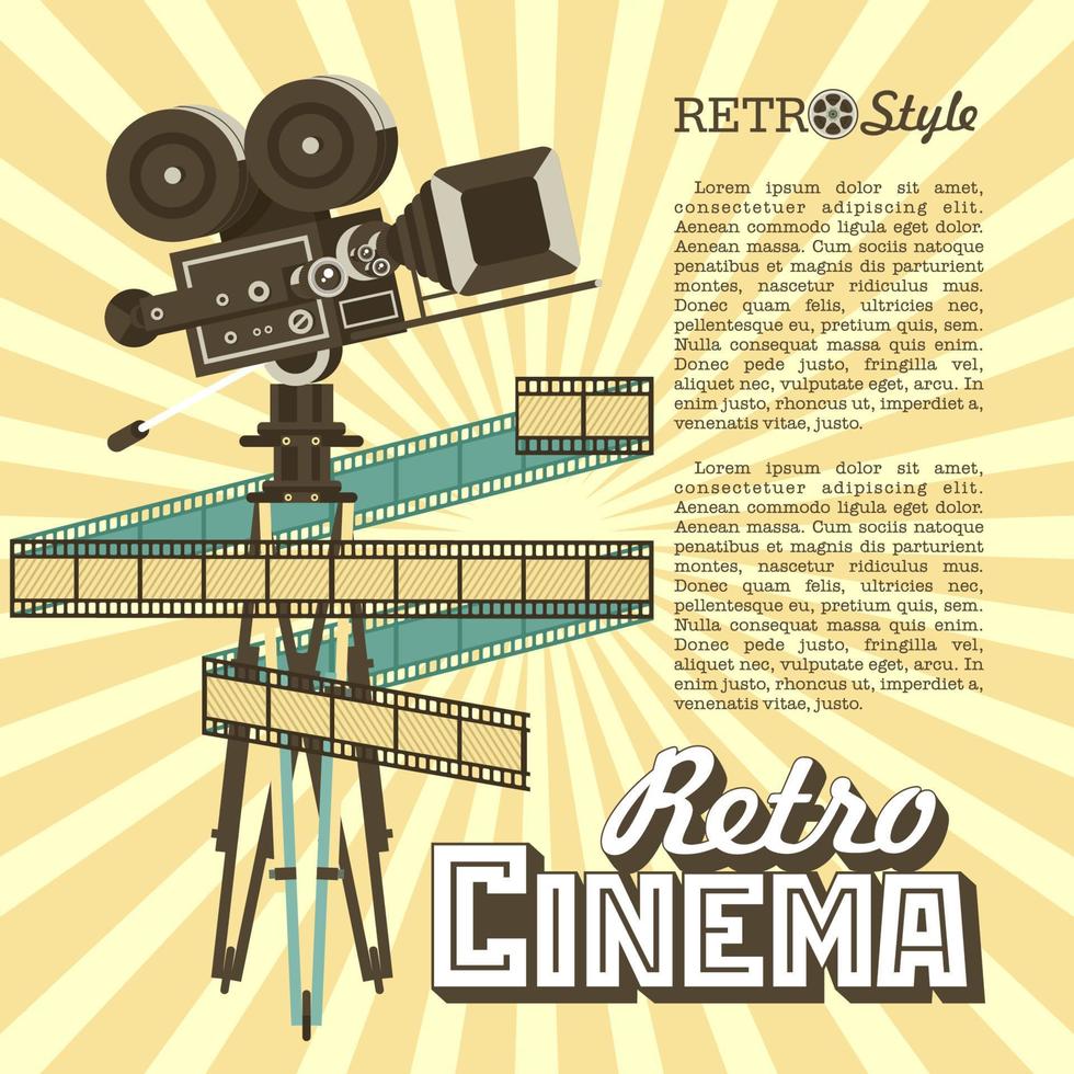 Vintage film camera. Vector poster retro movie theater with place for text. Vintage film reel, vector logo.