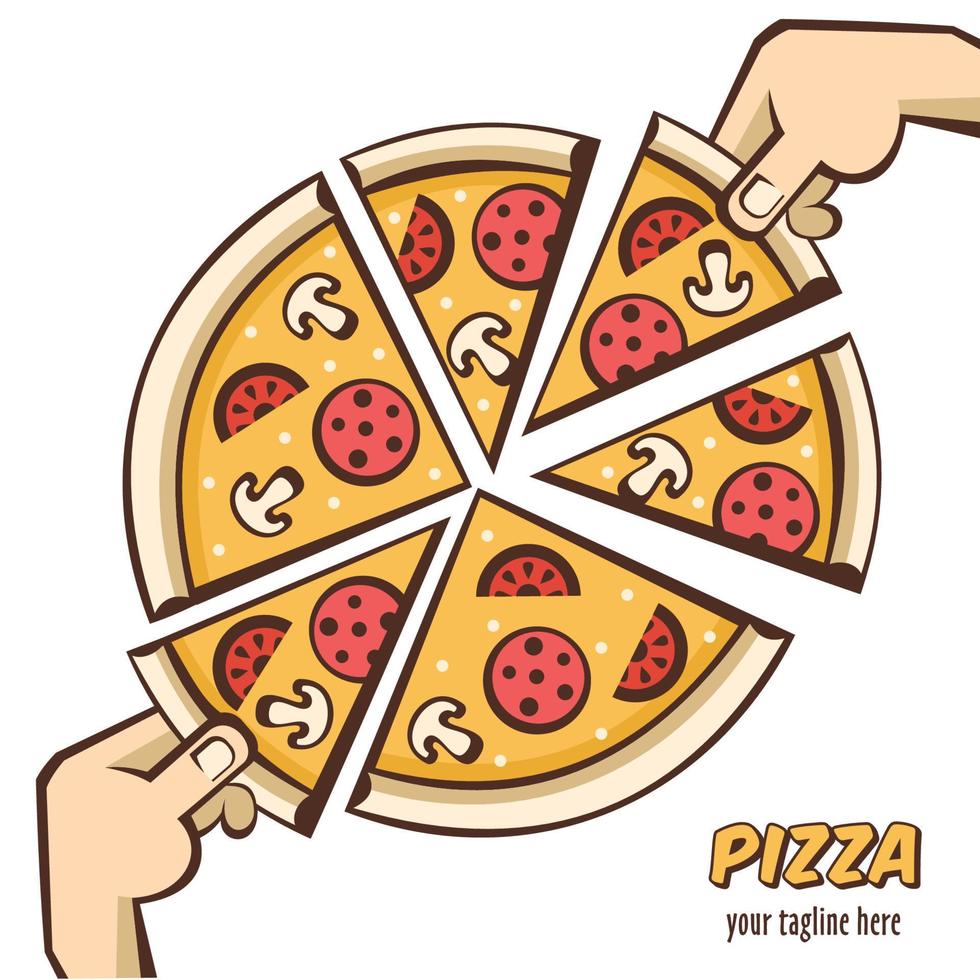 Vector illustration of pizza. Italian pizza logo. In cartoon style.