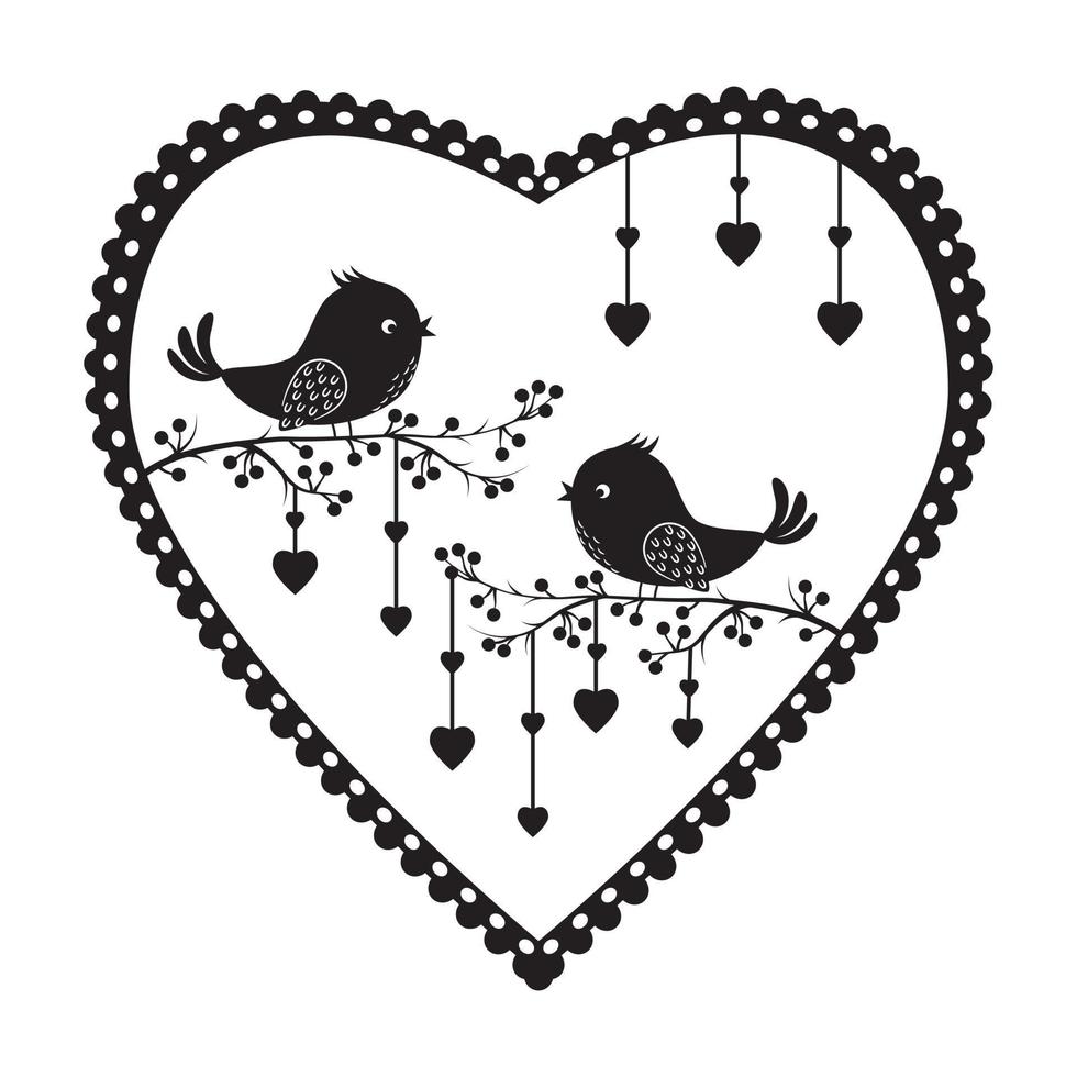 Lovebirds with a heart-shaped frame in black on a white background, black silhouette vector