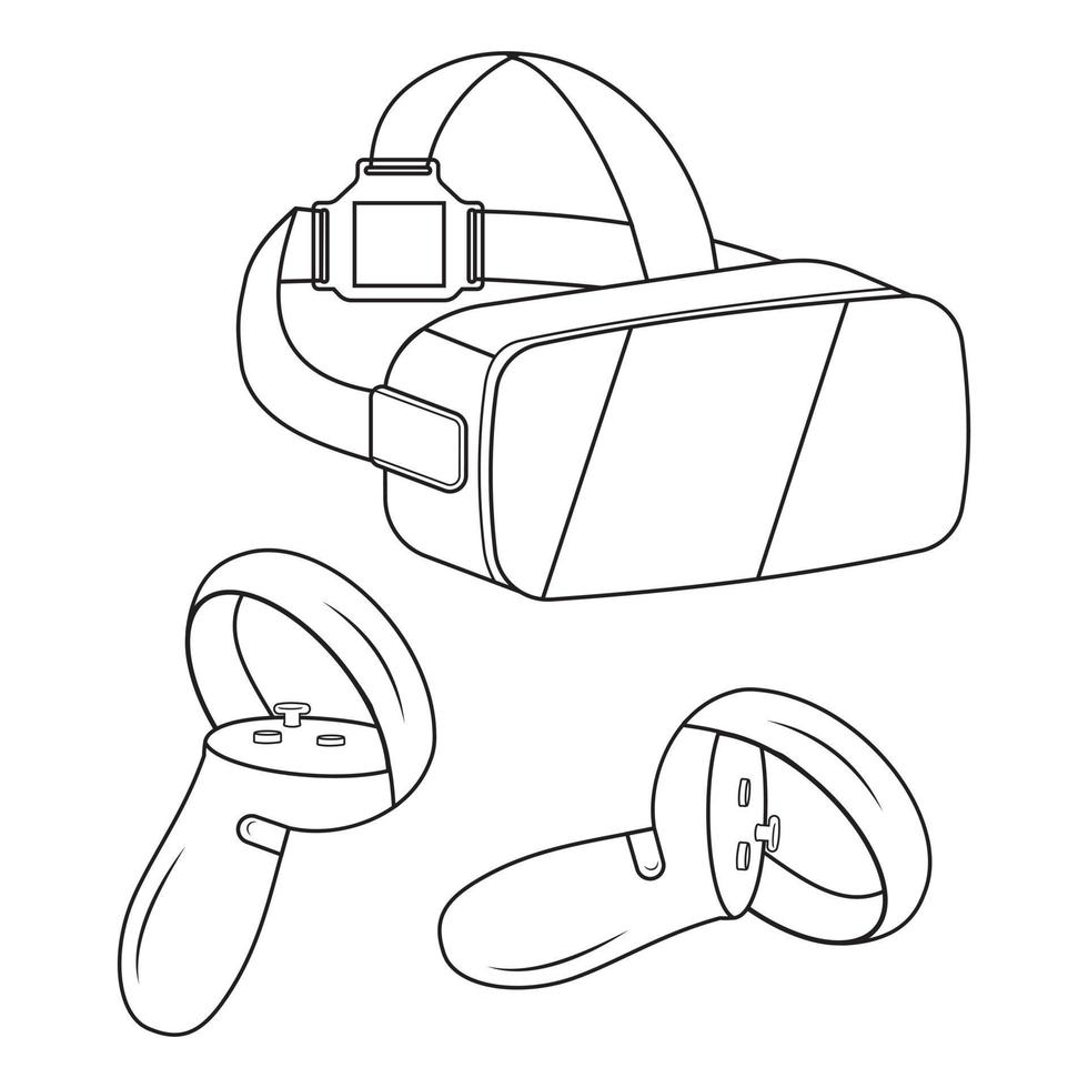 virtual reality glasses and joystick isolated on white background, black outline doodle style vector