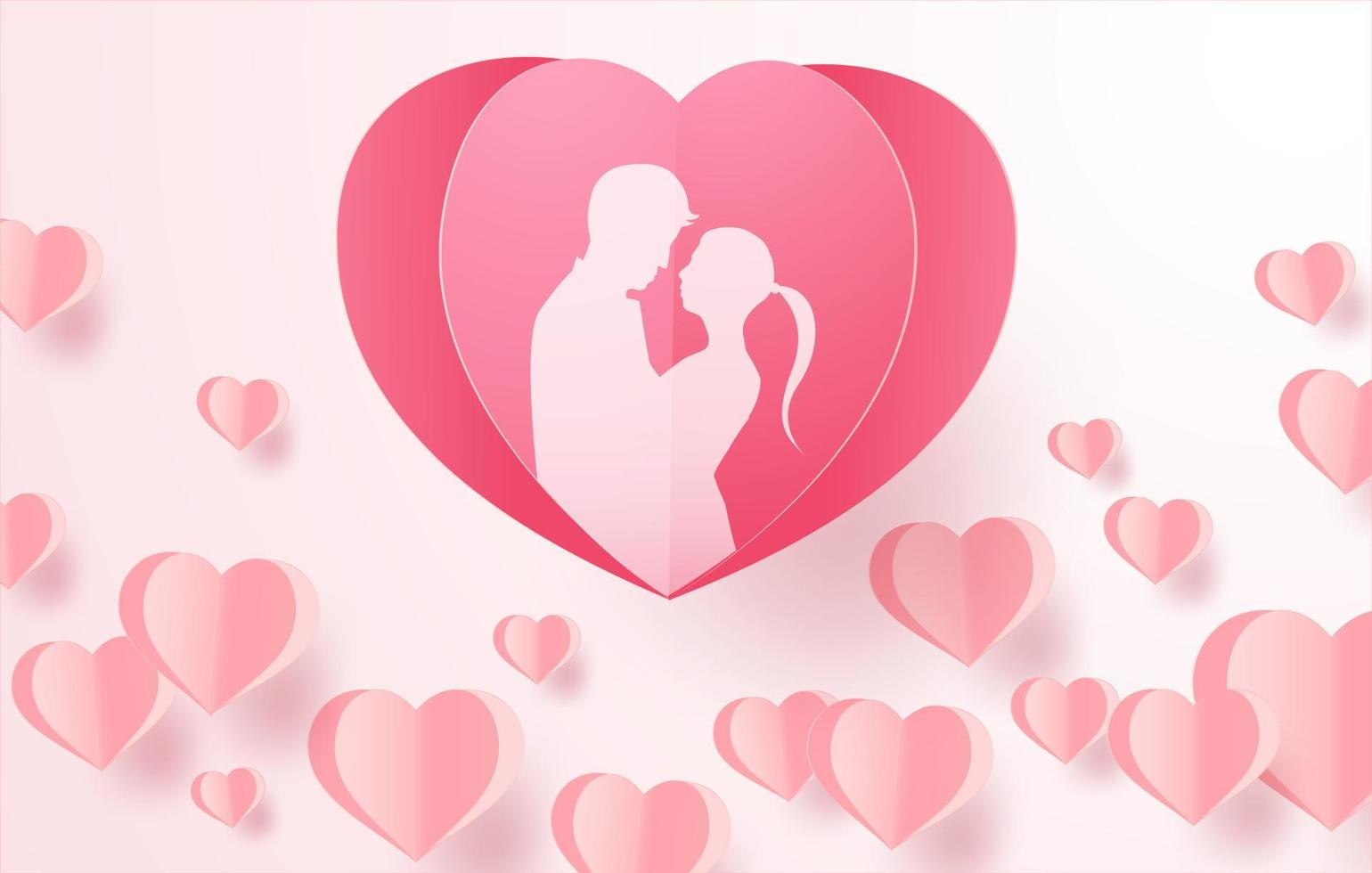 Love and Valentine day, Lovers stand and a paper art heart shape balloon floating in the sky. craft style. vector