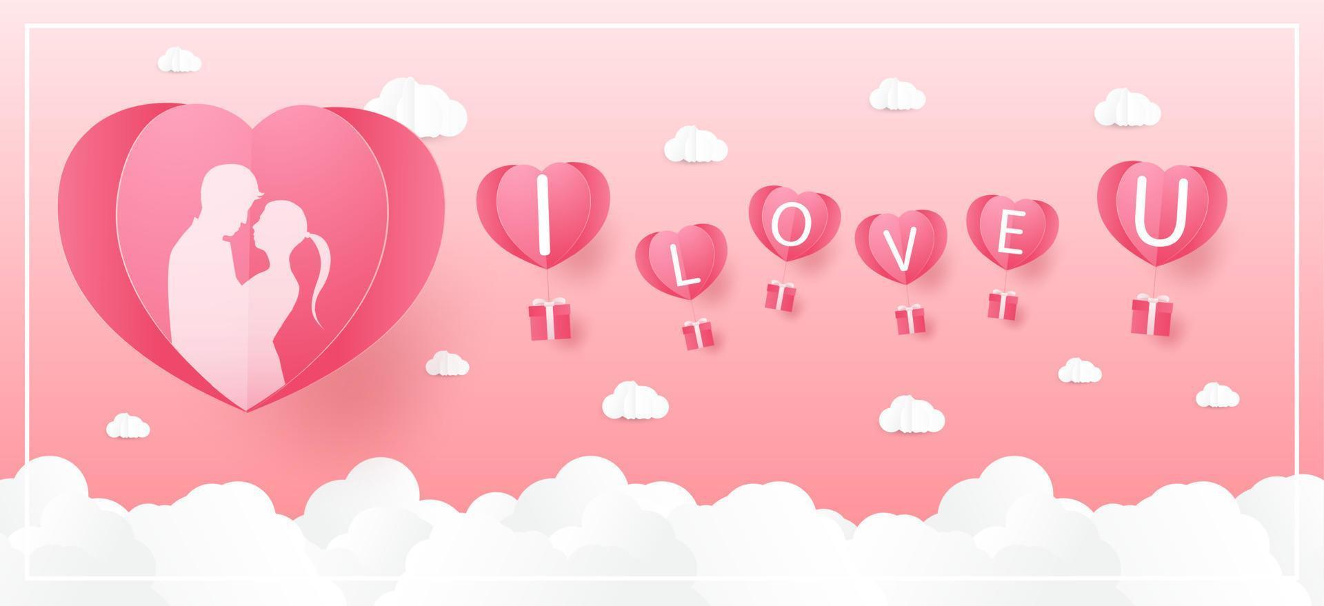 Love and Valentine day, Lovers stand and a paper art heart shape balloon floating in the sky. craft style. vector