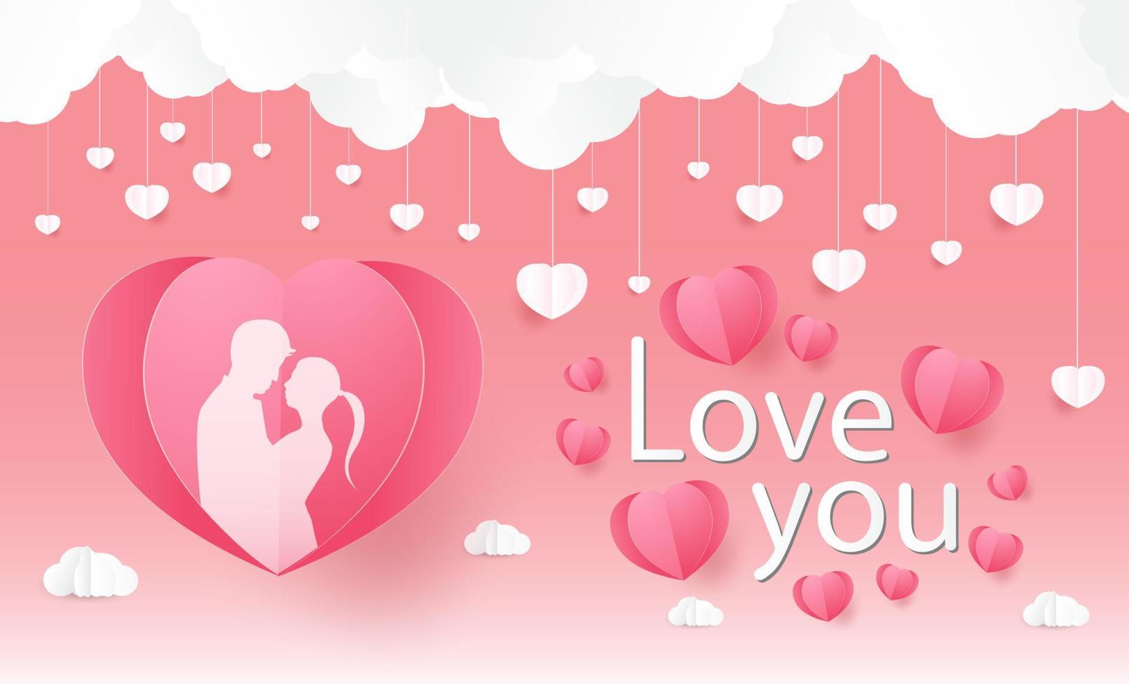 Love and Valentine day, Lovers stand and a paper art heart shape balloon floating in the sky. craft style. vector