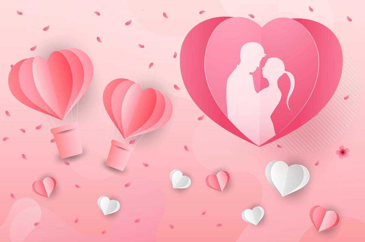 Love and Valentine day, Lovers stand and a paper art heart shape balloon floating in the sky. craft style. vector
