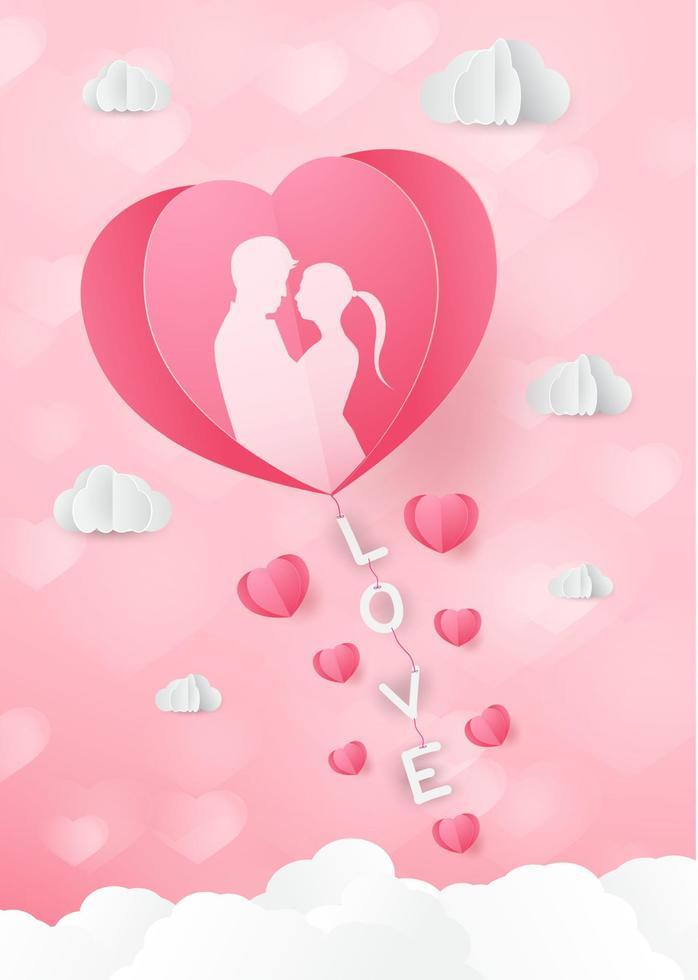 Love and Valentine day, Lovers stand and a paper art heart shape balloon floating in the sky. craft style. vector