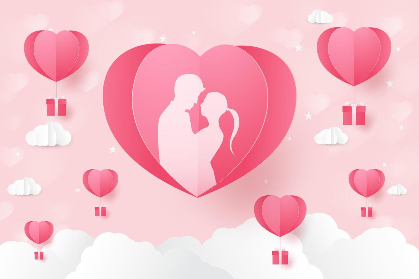 amor y día de san valentín, los amantes se paran y un globo con forma de corazón de arte de papel flotando en el cielo. estilo artesanal. vector