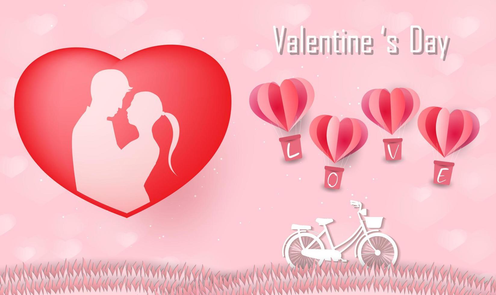 Love and Valentine day, Lovers stand and a paper art heart shape balloon floating in the sky. craft style. vector