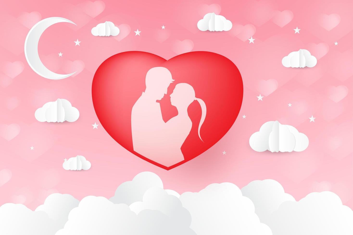 Love and Valentine day, Lovers stand and a paper art heart shape balloon floating in the sky. craft style. vector