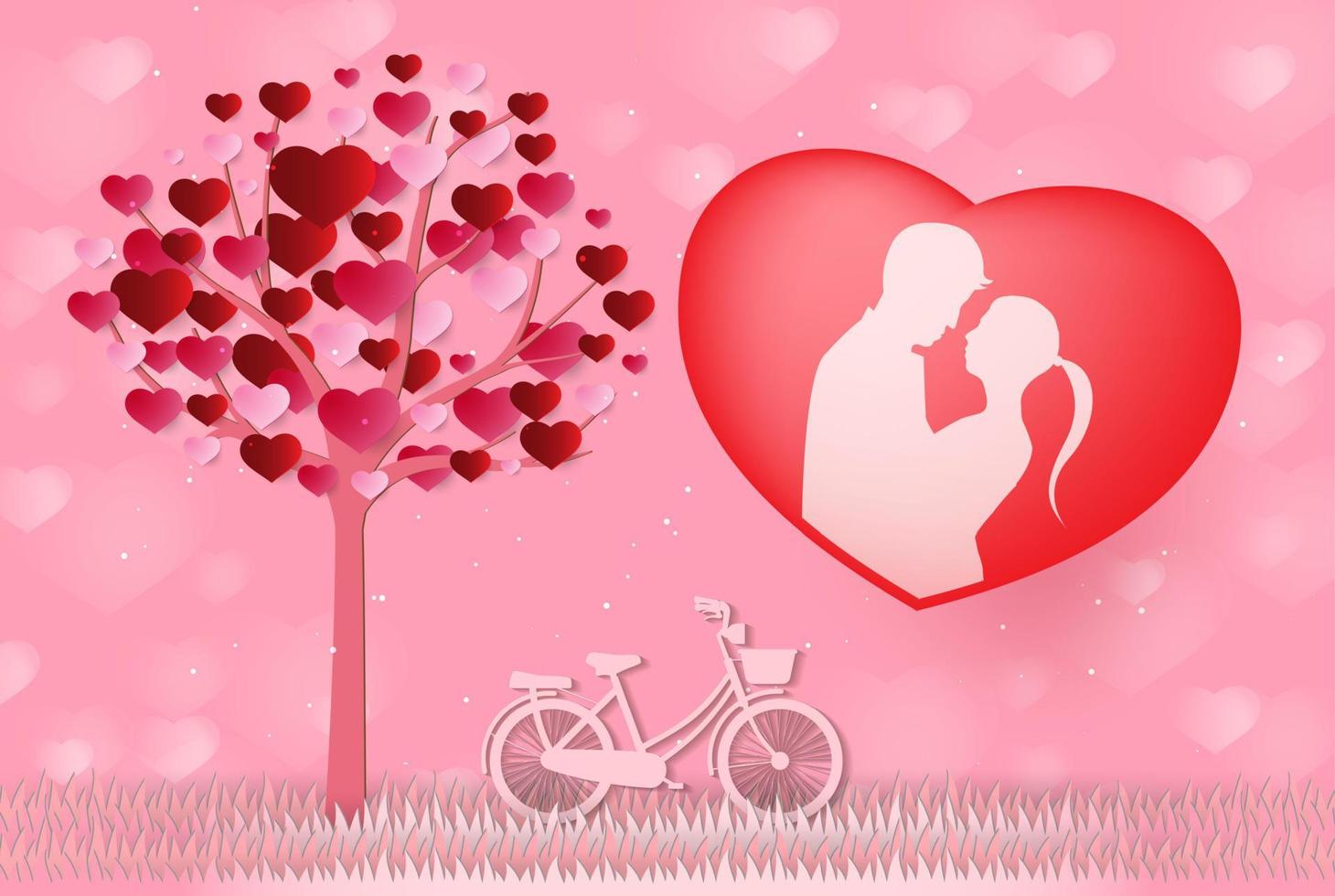 Love and Valentine day, Lovers stand and a paper art heart shape balloon floating in the sky. craft style. vector