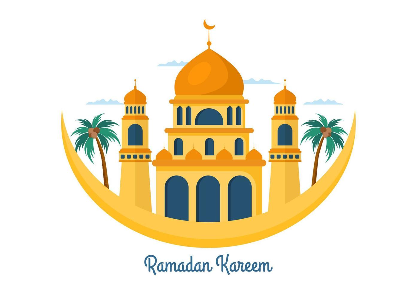 ramadan kareem con mezquita, linternas y luna en ilustración de vector de fondo plano para festividad religiosa islámica eid fitr o adha festival pancarta o afiche