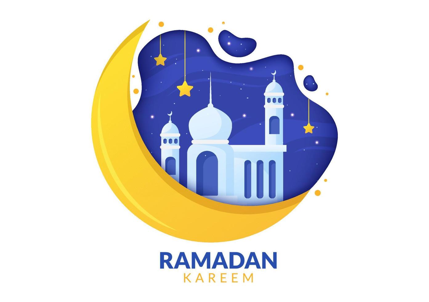 Ramadan Kareem with Mosque, Lanterns and Moon in Flat Background Vector Illustration for Religious Holiday Islamic Eid Fitr or Adha Festival Banner or Poster