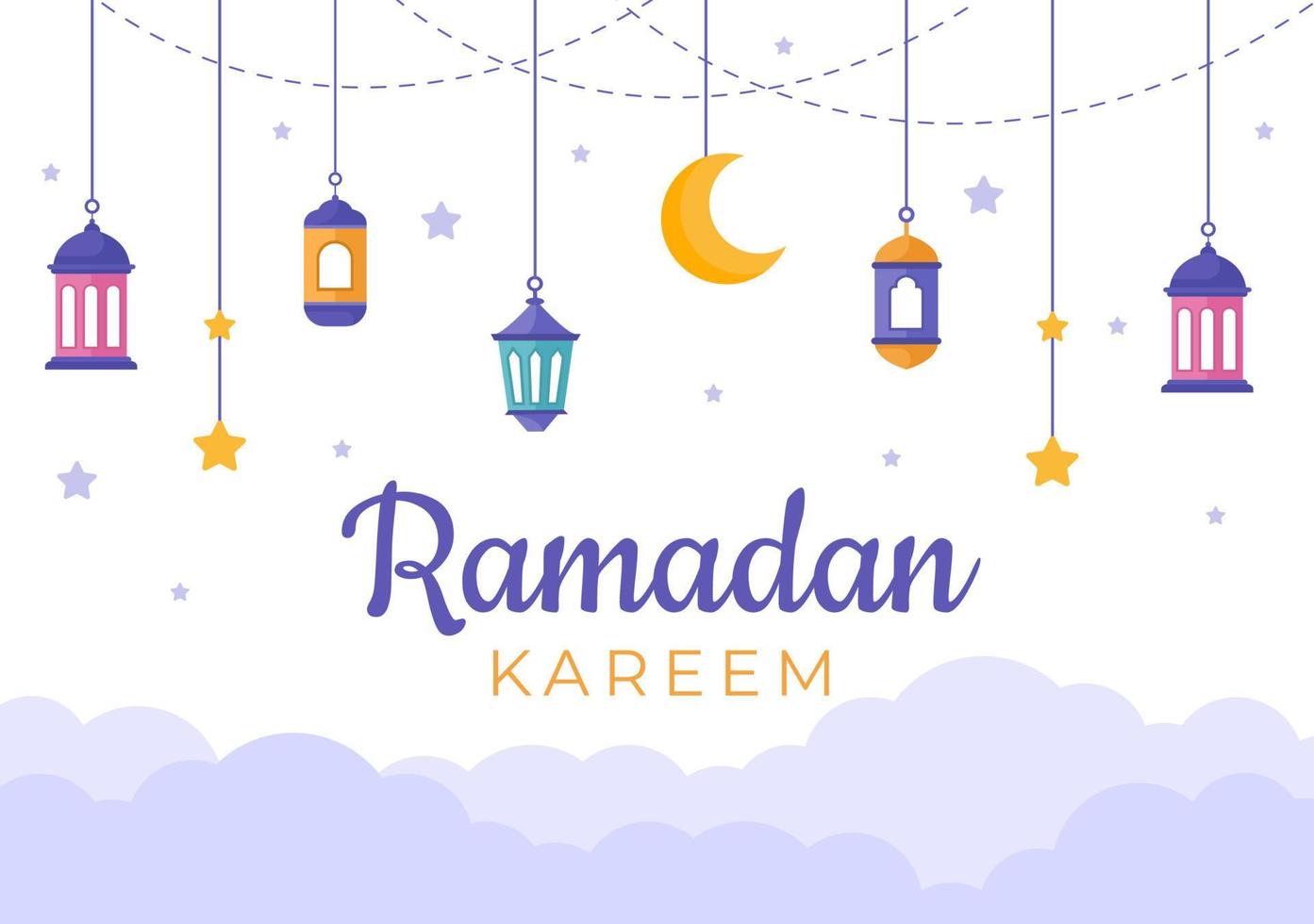 ramadan kareem con mezquita, linternas y luna en ilustración de vector de fondo plano para festividad religiosa islámica eid fitr o adha festival pancarta o afiche