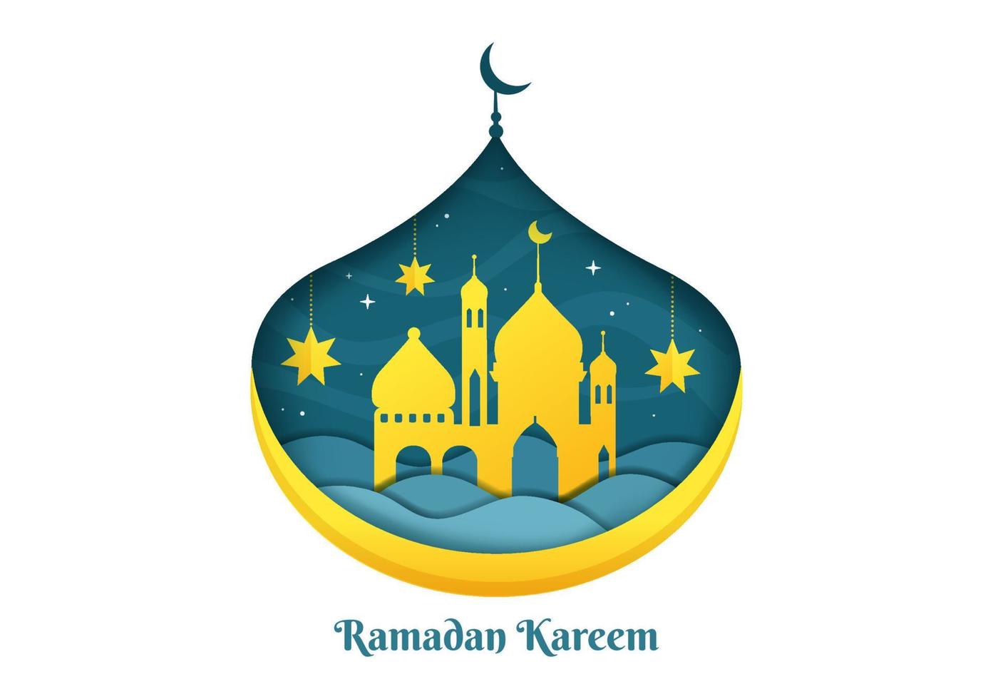 Ramadan Kareem with Mosque, Lanterns and Moon in Flat Background Vector Illustration for Religious Holiday Islamic Eid Fitr or Adha Festival Banner or Poster