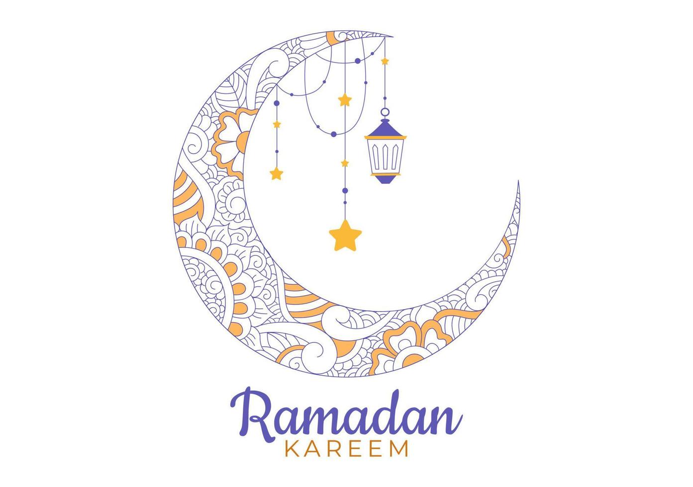 Ramadan Kareem with Mosque, Lanterns and Moon in Flat Background Vector Illustration for Religious Holiday Islamic Eid Fitr or Adha Festival Banner or Poster