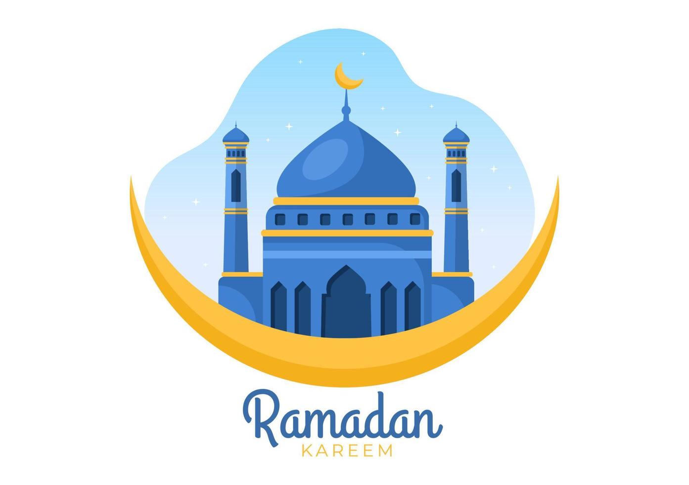 Ramadan Kareem with Mosque, Lanterns and Moon in Flat Background Vector Illustration for Religious Holiday Islamic Eid Fitr or Adha Festival Banner or Poster