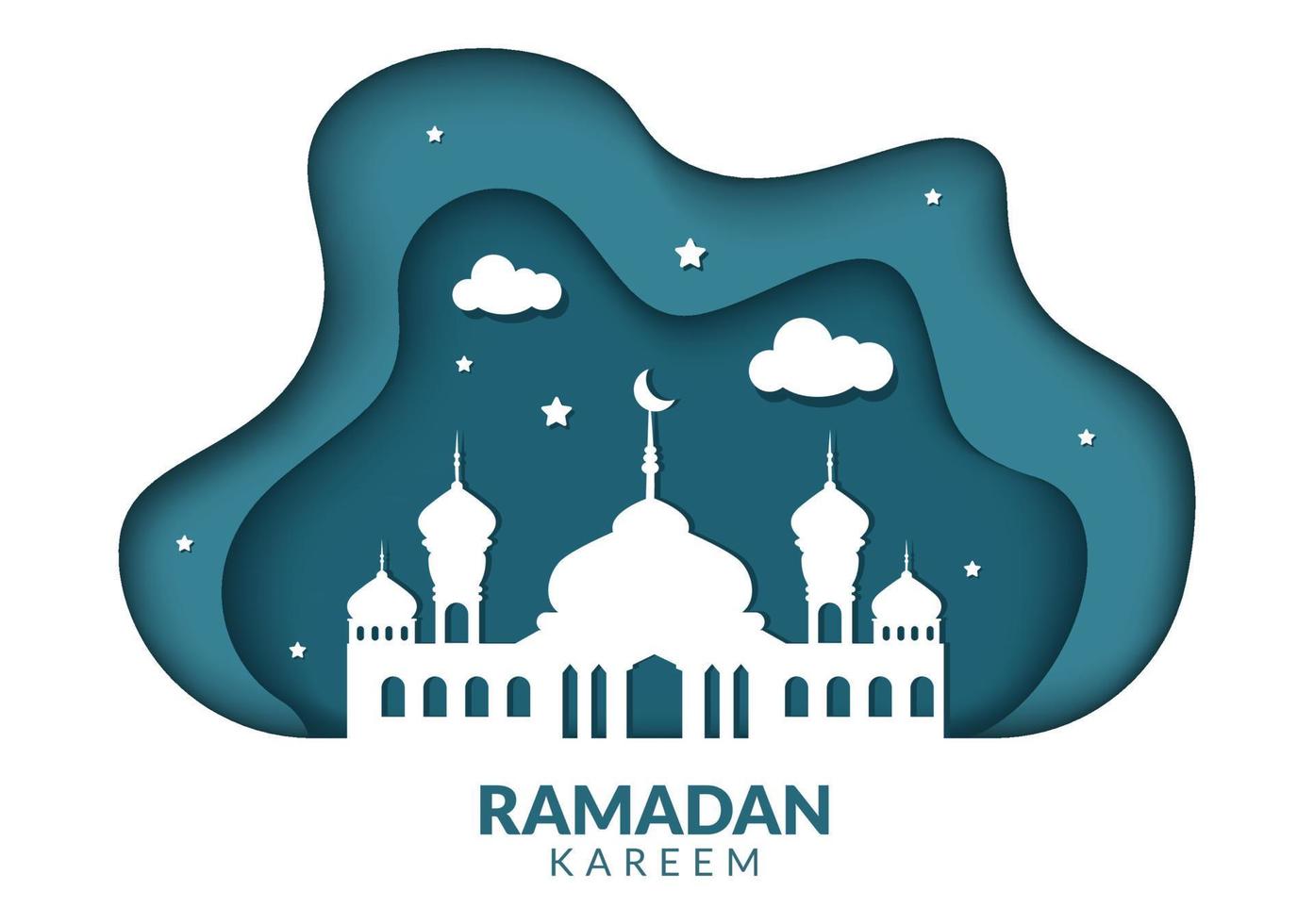 Ramadan Kareem with Mosque, Lanterns and Moon in Flat Background Vector Illustration for Religious Holiday Islamic Eid Fitr or Adha Festival Banner or Poster