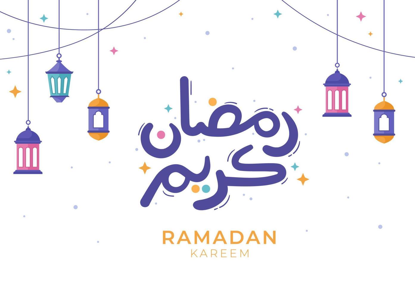 Ramadan Kareem with Mosque, Lanterns and Moon in Flat Background Vector Illustration for Religious Holiday Islamic Eid Fitr or Adha Festival Banner or Poster