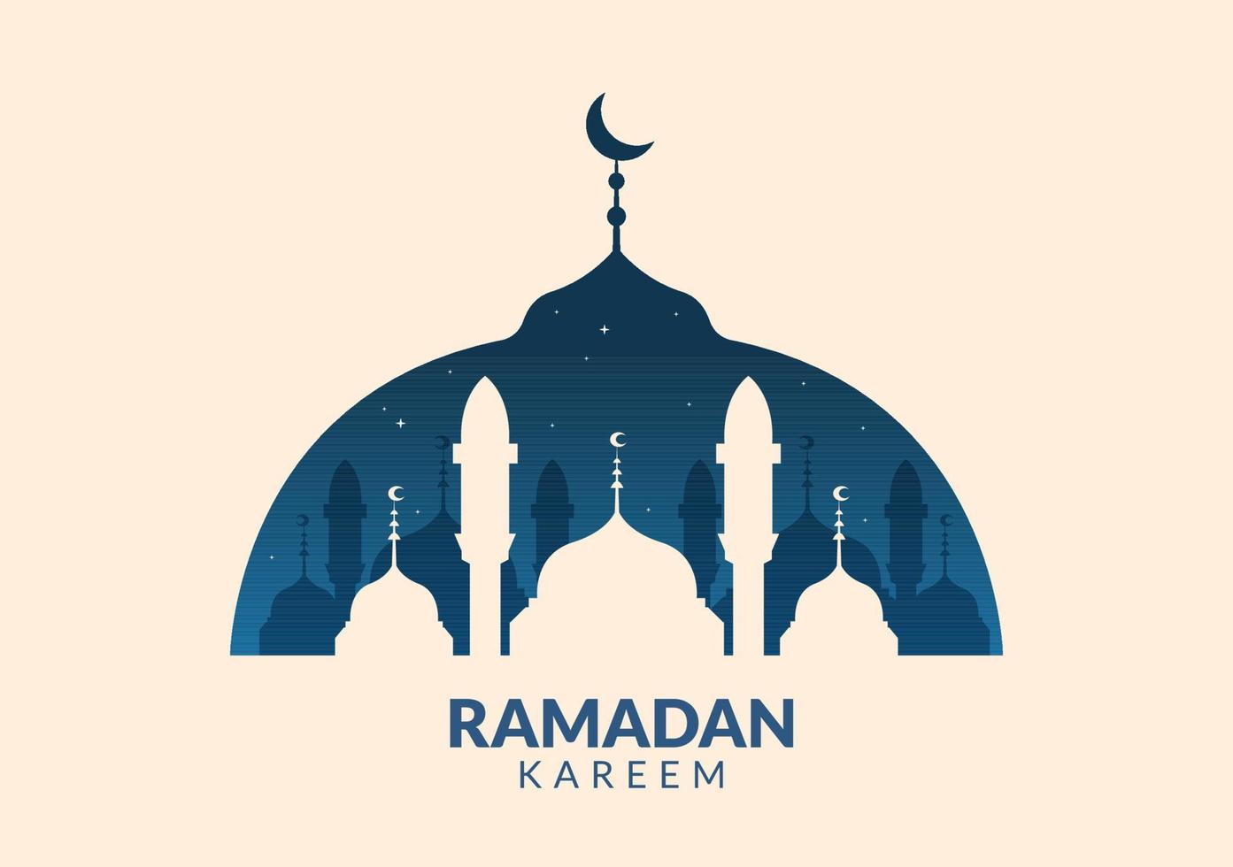 ramadan kareem con mezquita, linternas y luna en ilustración de vector de fondo plano para festividad religiosa islámica eid fitr o adha festival pancarta o afiche