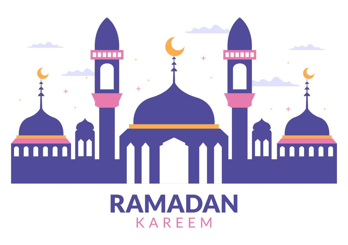Ramadan Kareem with Mosque, Lanterns and Moon in Flat Background Vector Illustration for Religious Holiday Islamic Eid Fitr or Adha Festival Banner or Poster
